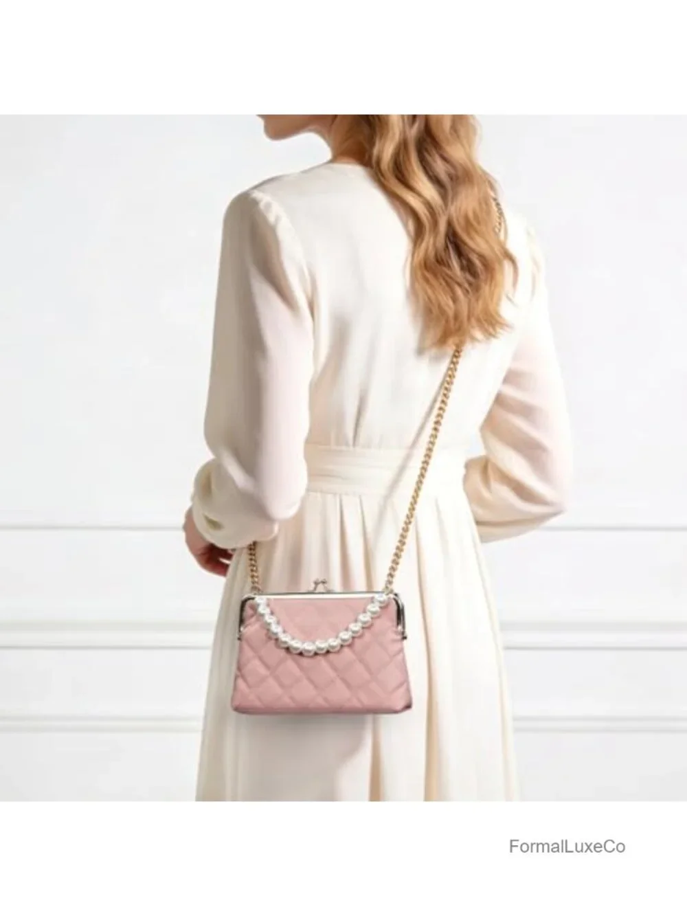 Quilted Faux Leather Crossbody Bag with Pearl Handle, Detachable Chain Strap,